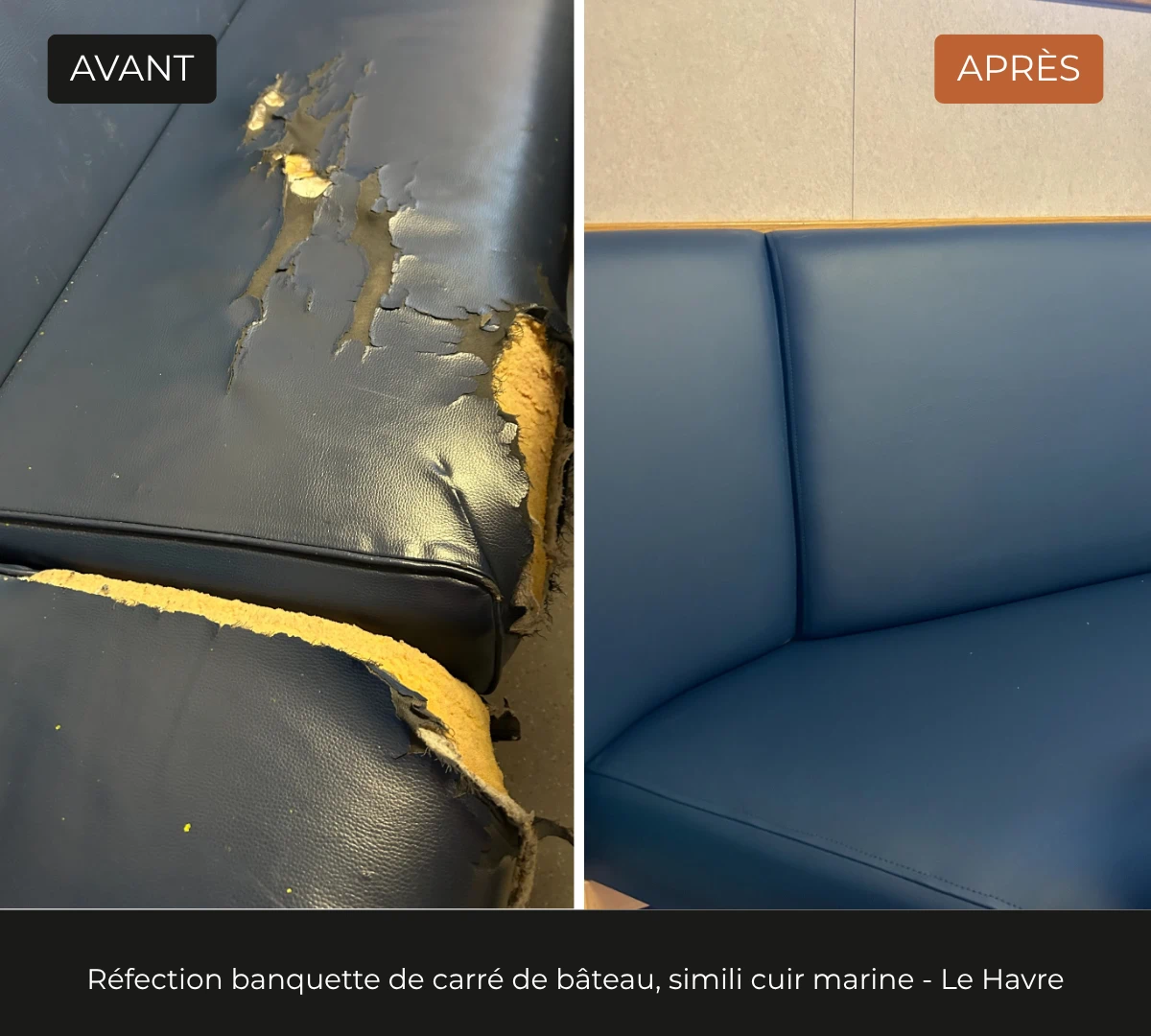 Sellerie de banquette d'un carre de bâteau en simili marine par l'atelier DCRI du Havre