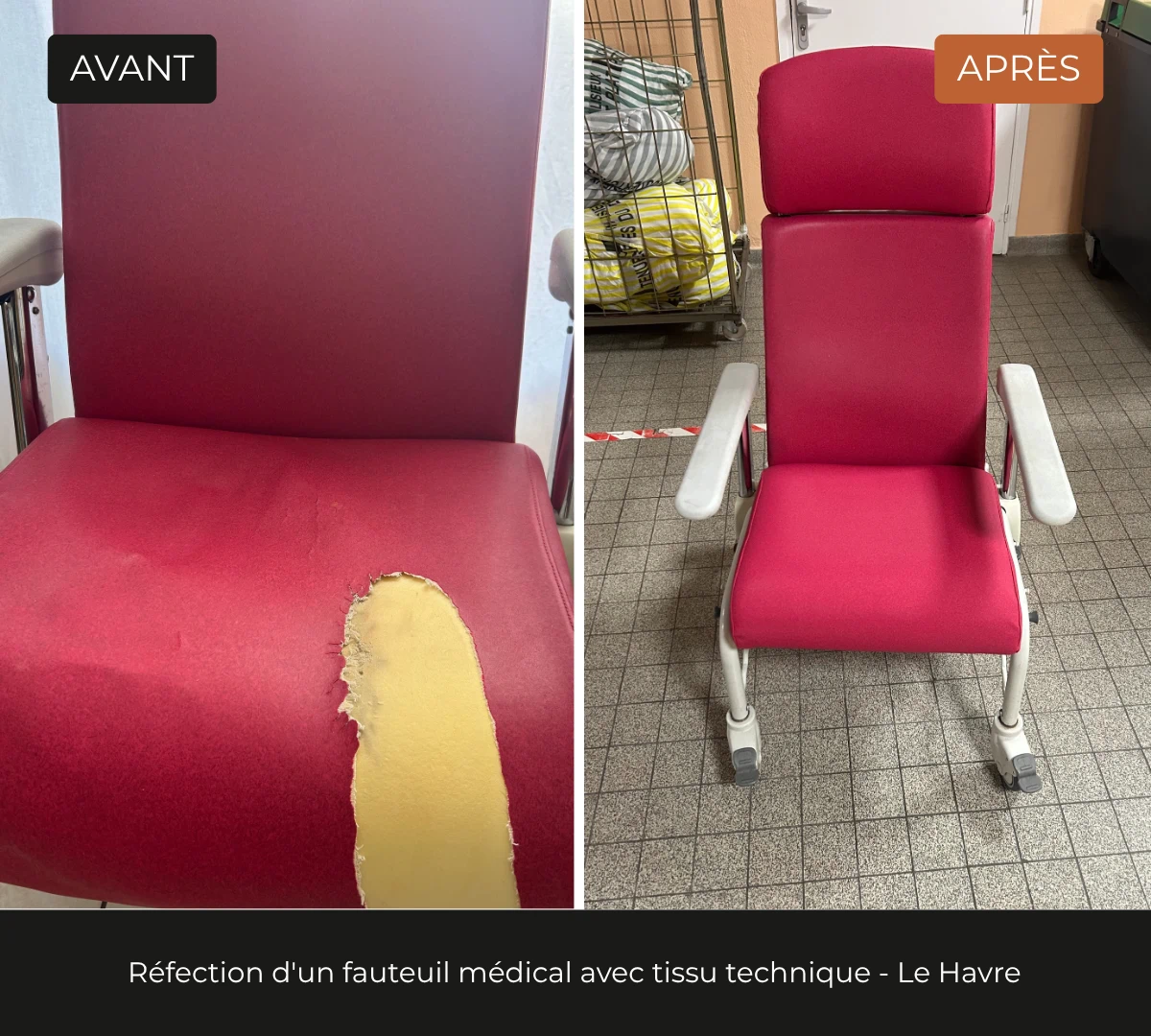 Sellerie professionnelle d'un fauteuil médical en tissu technique par l'atelier DCRI Le Havre