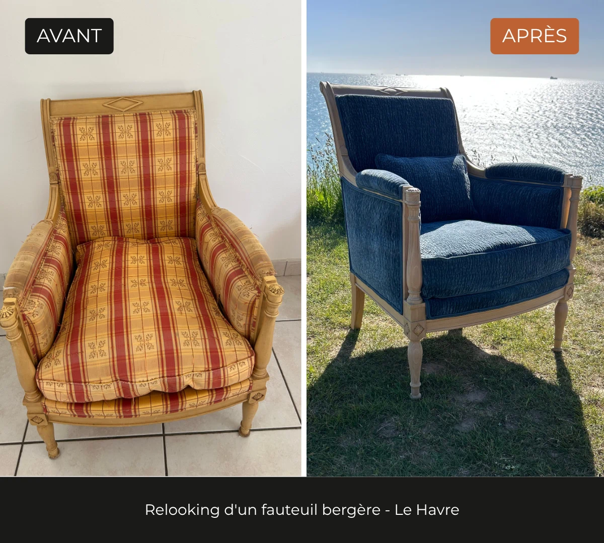 Relooking d'un fauteuil bergère avec regarnissage de l'assise par l'atelier DCRI le Havre