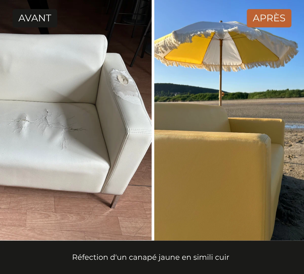 Photo avant après d'un canapé en simili cuir totalement refait par l'atelier DCRI Le Havre