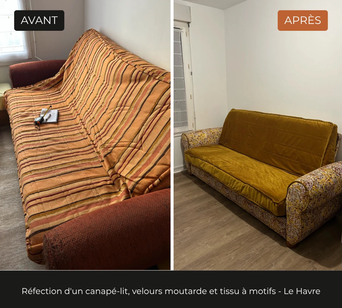 Tapisserie d'ameublement d'un canape en velours par l'atelier DCRI du Havre