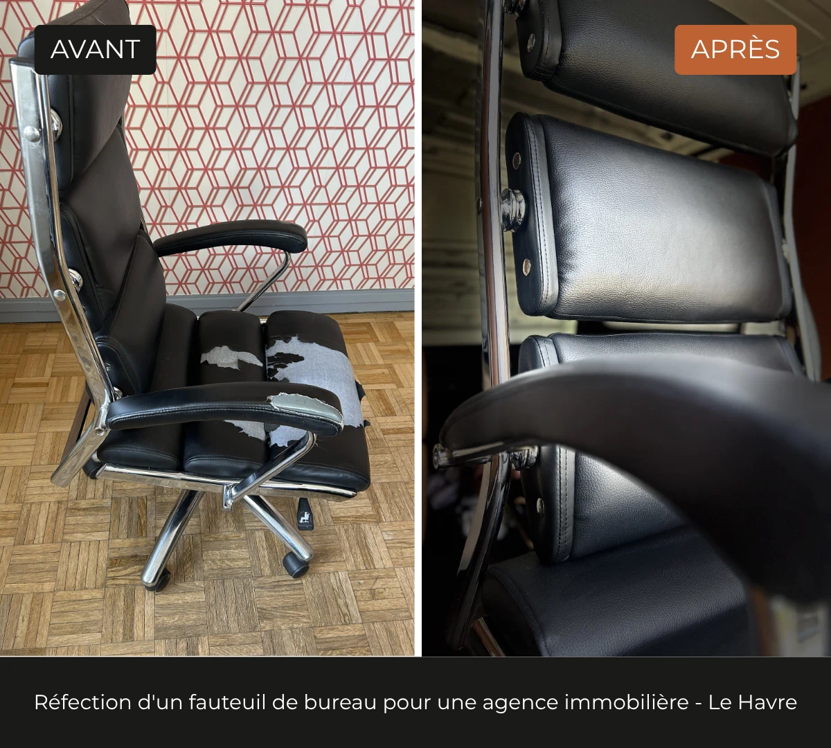 Photo avant, après d'un fauteuil de bureau en simili cuir par l'atelier DCRI Le Havre