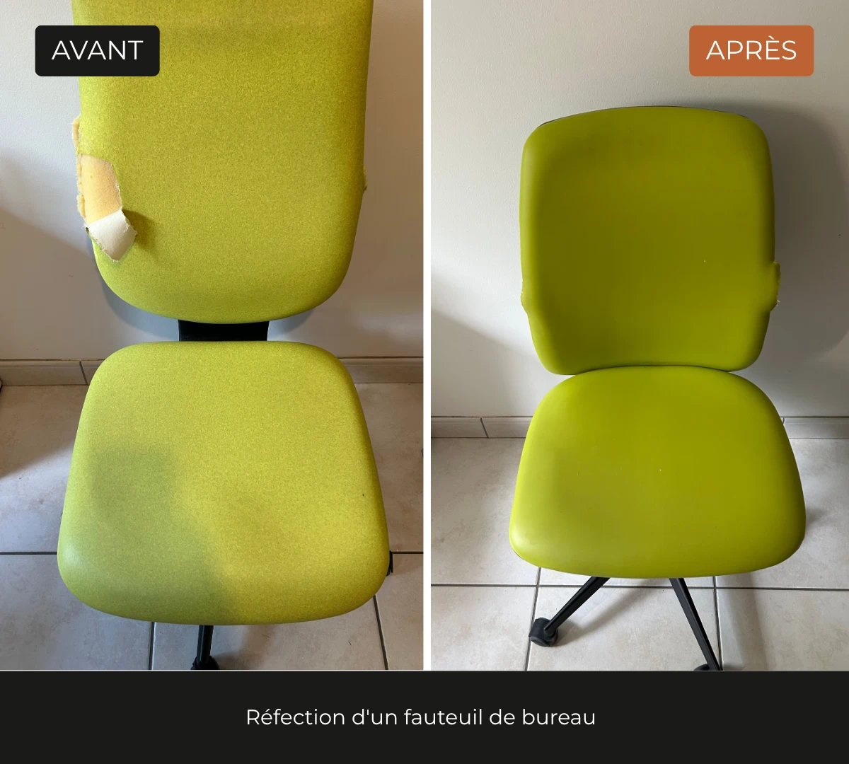 Photo avant, après d'un fauteuil de bureau en simili cuir par l'atelier DCRI Le Havre