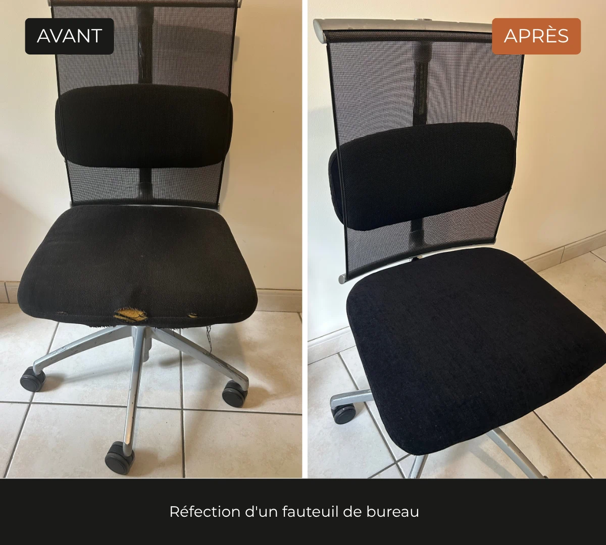 Photo avant, après d'un fauteuil de bureau en tissu par l'atelier DCRI Le Havre