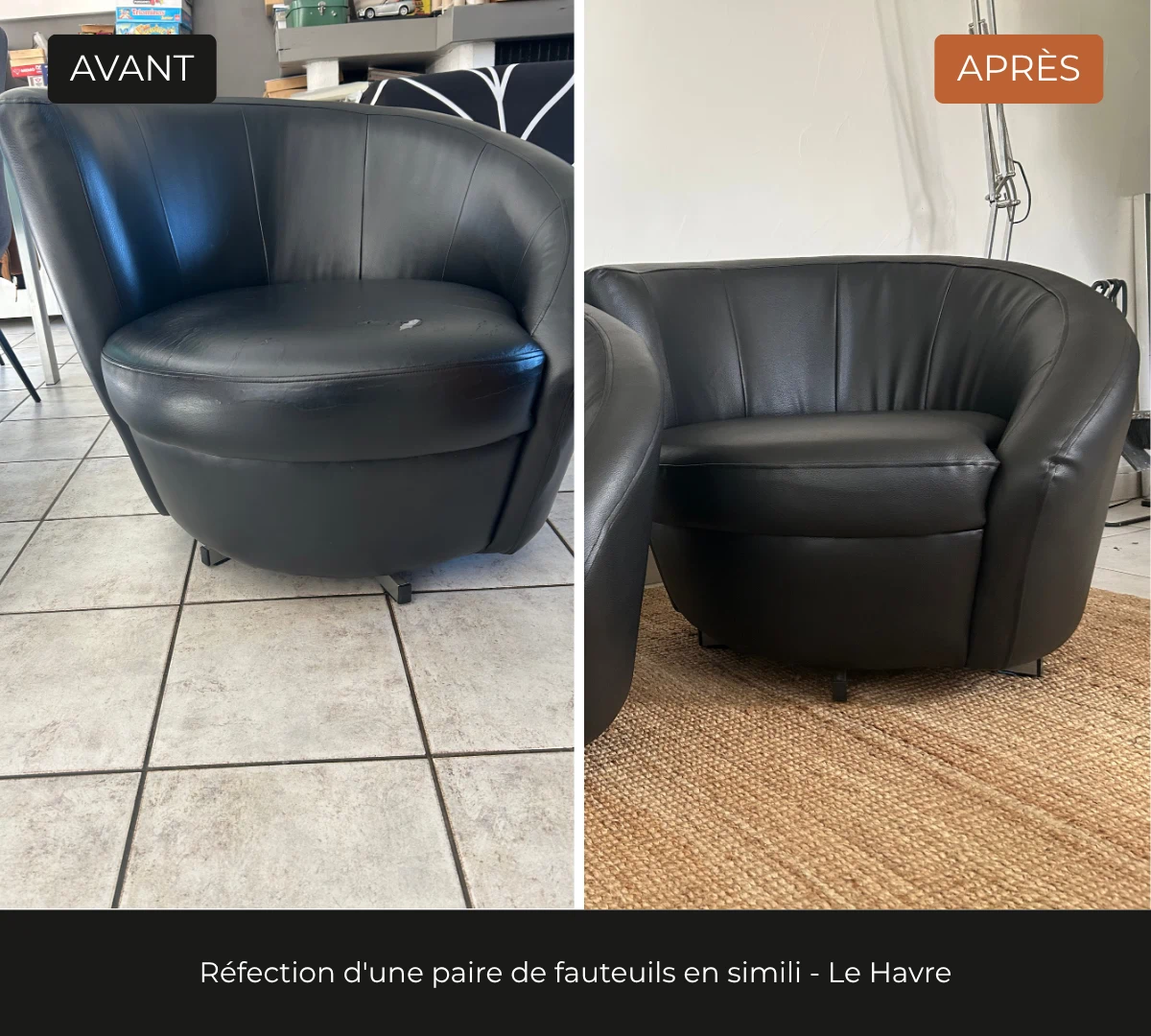 Photo avant, après d'un fauteuil noir en simili cuir.