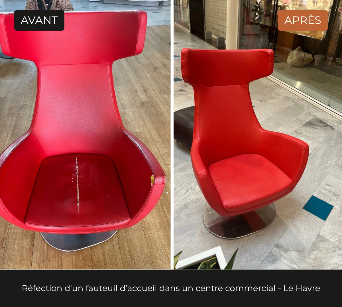 Sellerie de siège d'accueil dans un centre commercial par l'atelier DCRI du Havre