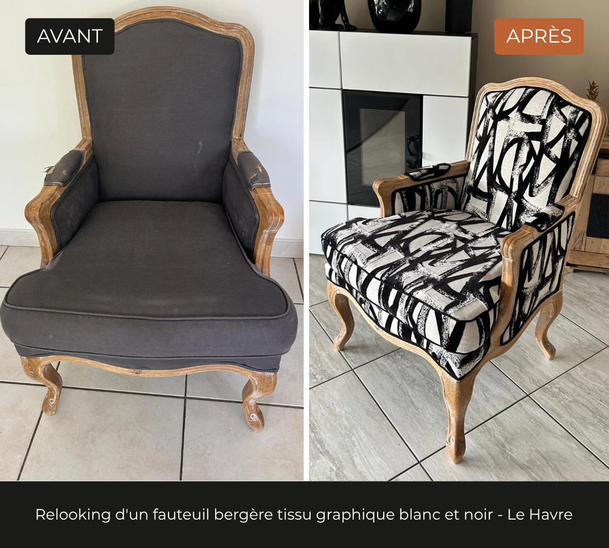 Avant, après d'un fauteuil bergère avant réfection, tissu gris anthracite élimé. Retapissée avec un tissu graphique noir et blanc, structure bois naturelle