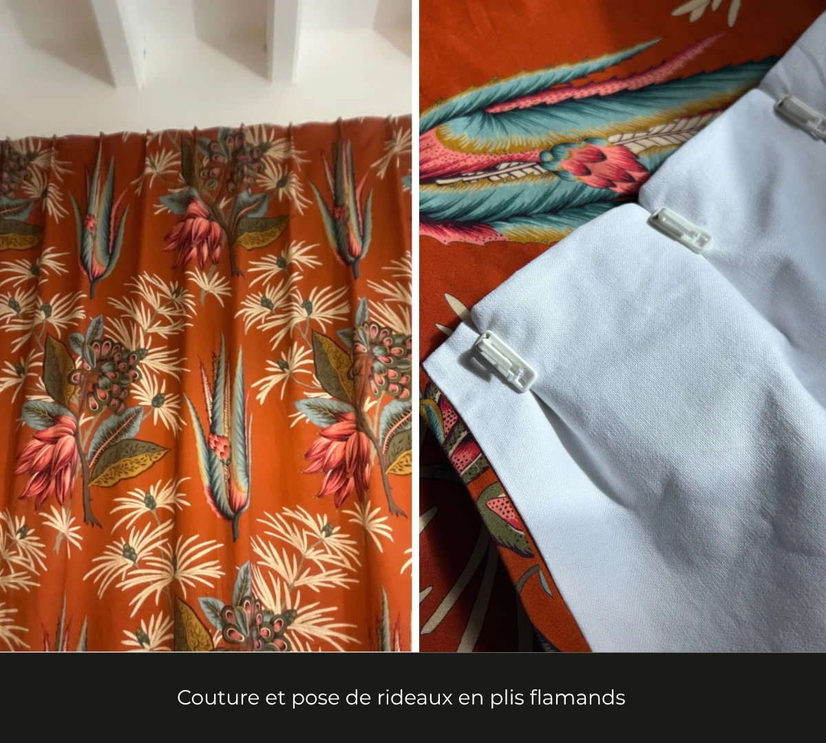 Rideaux confectionnés en plis flamands, tissu fleuri terra cotta, atelier DCRI Le Havre
