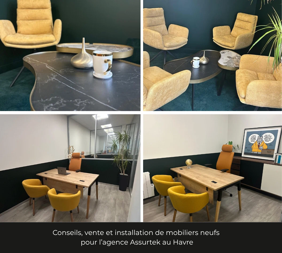 Espace accueil agence Assurtek, fauteuils velours ocre et table marbre, DCRI Le Havre