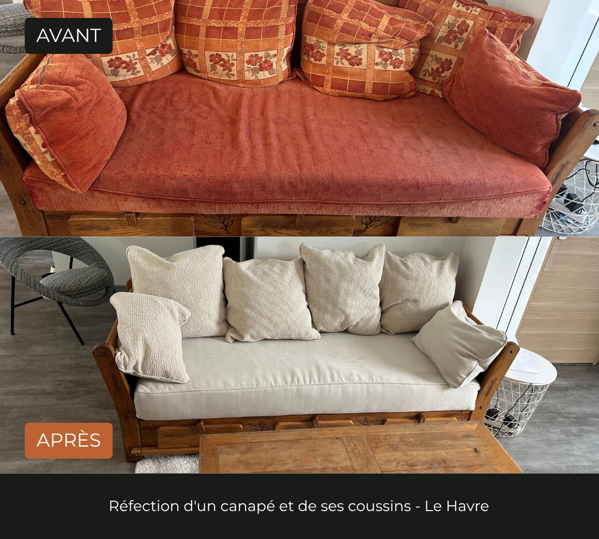 Avant, après d'un canapé bois avant réfection, tissu orange à carreaux usé,, retapissé avec un tissu lin beige avec coussins coordonnés, réalisation DCRI Le Havre