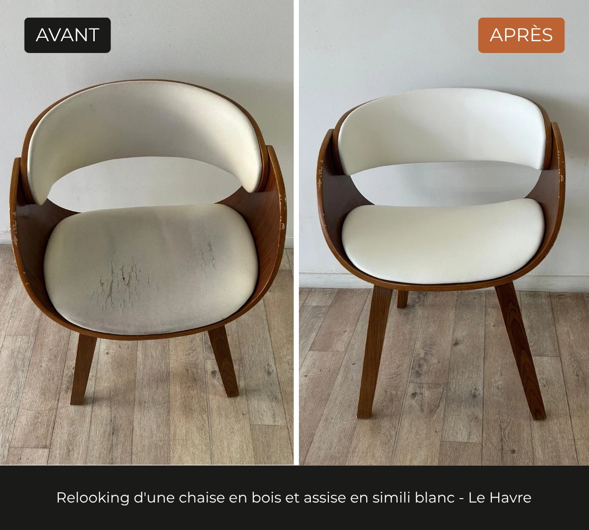 Avant, après de Chaise design bois avant réfection, simili blanc craquelé, retapissée en simili cuir blanc, réalisation DCRI Le Havre