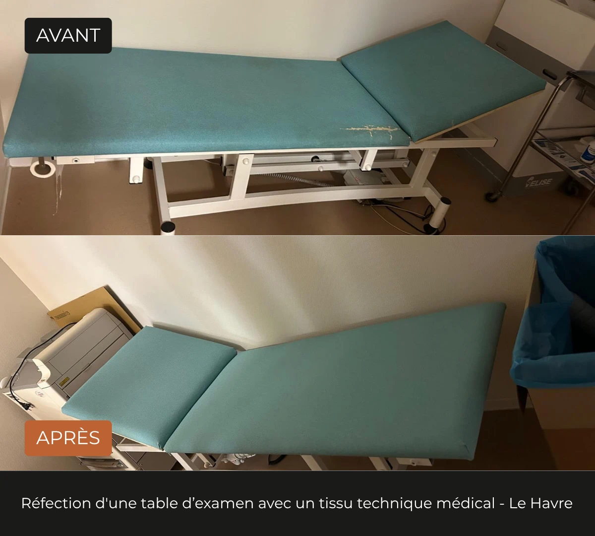 Avant, après d'une table médicale avant réfection, simili vert d'eau usé. Retapissé avec un tissu technique de la même teinte.