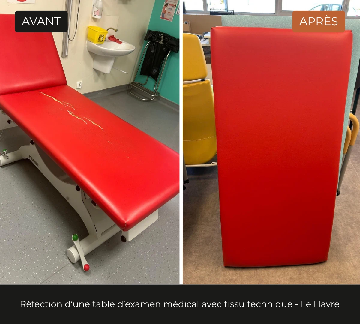 Avant, après d'une table d'examen médical avant réfection, simili rouge fissuré. Retapissé avec un tissu technique de la même teinte.